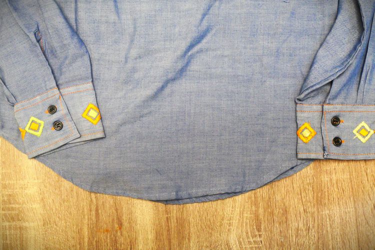 Sear long sleeve shirt chambray Hand made embroidery unisex รูปที่ 8