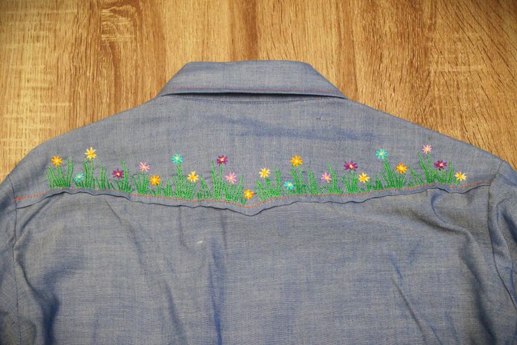 Sear long sleeve shirt chambray Hand made embroidery unisex รูปที่ 3