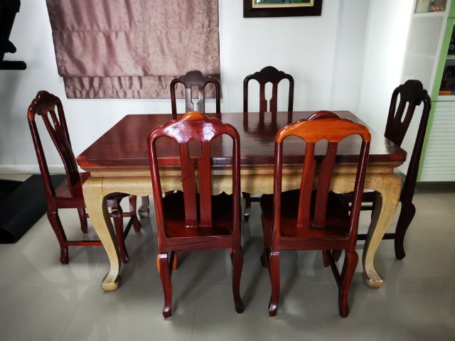 โต๊ะ​ทานข้าว​  Classic Thai style และเก้าอี้​ 6 ตัว​ (ไม้มะค่าทั้งหมด​ 150x88 cm)​ รูปที่ 4