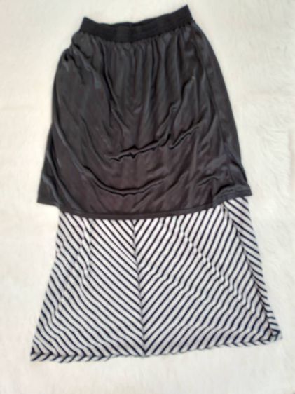 กระโปรงผ้าฝ้าย ลายทาง สีขาวดำ Casual Maxi Skirt เอวยืด รูปที่ 2