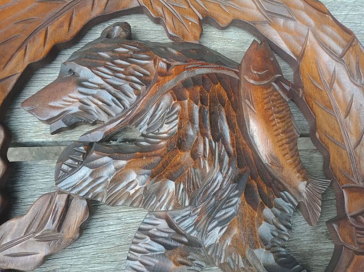 ไม้แกะสลักวินเทจ หมีฮิกุมะแบกปลาแซลมอน งานศิลปะจากประเทศญี่ปุ่น รูปที่ 6