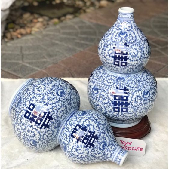 แจกันคู่ทรงน้ำเต้าเรียกทรัพย์ กระเบื้องเคลือบน้ำเงินขาว Blue and White Porcelain Chinese Handmade Decorative Vase รูปที่ 6
