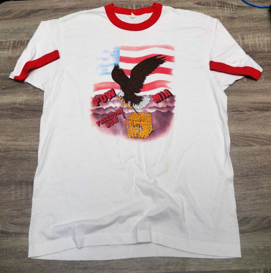 Pow mia freedom now screen star vtg.80s ringer t- shirt  USA Eagle Flag America รูปที่ 8