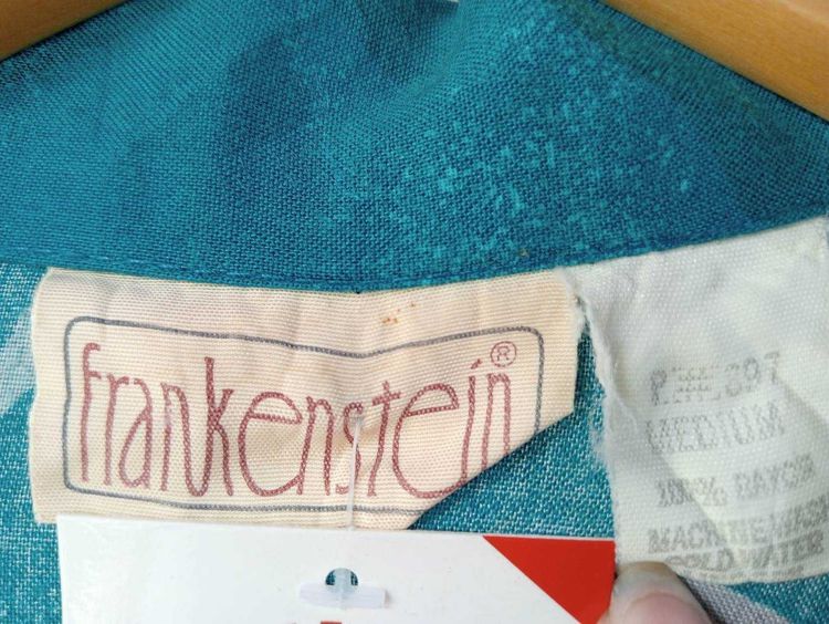frankenstein เสื้อฮาวายอเมริกา ผ้าRAYON สีฟ้าอมเขียว ลายต้นไผ่ รูปที่ 4