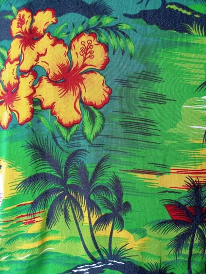 Aloha Fashion  เสื้อฮาวายอเมริกาผ้าrayon สีเขียว ลายคลื่น ต้นมะพร้าวและดอกชบา รูปที่ 5
