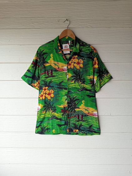 Aloha Fashion  เสื้อฮาวายอเมริกาผ้าrayon สีเขียว ลายคลื่น ต้นมะพร้าวและดอกชบา รูปที่ 2