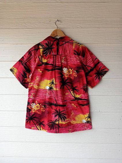 Palmwave  เสื้อฮาวายอเมริกาผ้าcotton สีแดงชมพู ลายคลื่น ดอกไม้ และต้นมะพร้าว รูปที่ 3