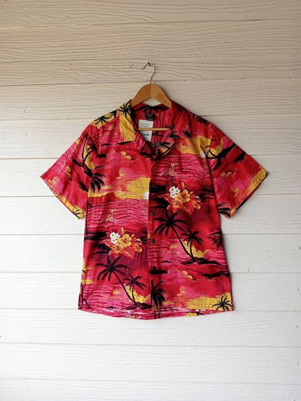 Palmwave  เสื้อฮาวายอเมริกาผ้าcotton สีแดงชมพู ลายคลื่น ดอกไม้ และต้นมะพร้าว รูปที่ 2