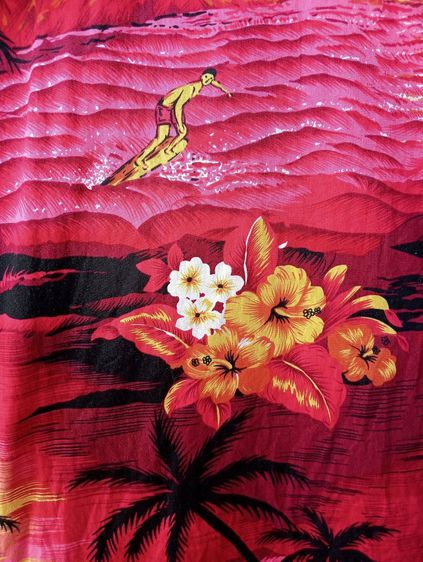 Palmwave  เสื้อฮาวายอเมริกาผ้าcotton สีแดงชมพู ลายคลื่น ดอกไม้ และต้นมะพร้าว รูปที่ 5