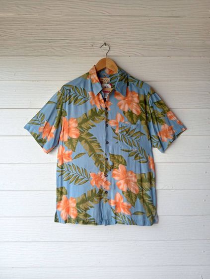 Panama Jack  เสื้อฮาวายอเมริกาผ้าrayon สีฟ้า ลายดอกไม้สีส้มและใบไม้สีเขียว รูปที่ 3