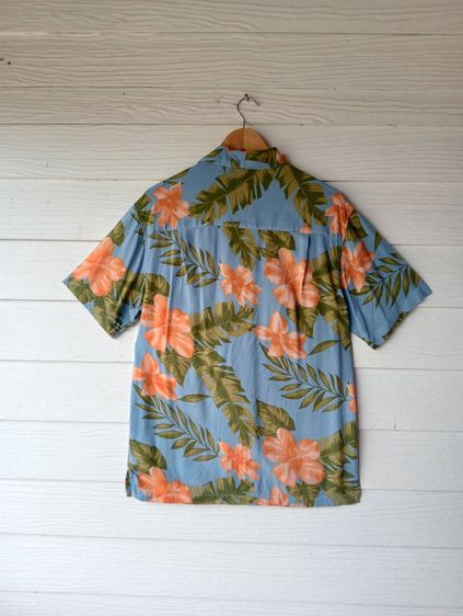 Panama Jack  เสื้อฮาวายอเมริกาผ้าrayon สีฟ้า ลายดอกไม้สีส้มและใบไม้สีเขียว รูปที่ 4