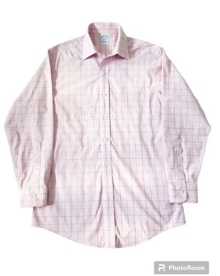 เสื้อเชิ้ต Brooks Brothers ผ้า Polyester 96 Lastol 4  size อก 22" ไหล่ 18.6" แขน 24" ยาว 32"  สีชมพูลายตาราง คอปก ไม่มีตำหนิ รูปที่ 2