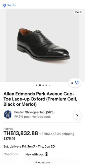 รองเท้าหนังแท้ Allen Edmonds Sz.13us47eu31cm Made in USA สีดำ รุ่นPark Avenue ยอดฮิตขอบแบรนด์ ของใหม่หลักหมื่น พื้นหนังเย็บ รูปที่ 15