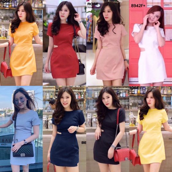  Dress ชุดเดรสคอกลม แขนสั้นสีพื้นผ้าฮานาโกะ รูปที่ 2