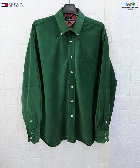 เสื้อเชิ้ต XXL TOMMY HILFIGER แท้ อก50 เสื้อเชิ๊ตแขนยาวลูกฟูกบางสีเขียวสปอต