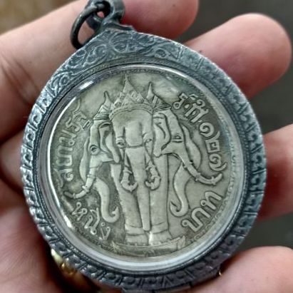 ร.ศ.127 เหรียญ ร.5 ที่ระลึก ช้าง 3 เศียร พร้อมกรอบใหญ่ รูปที่ 2