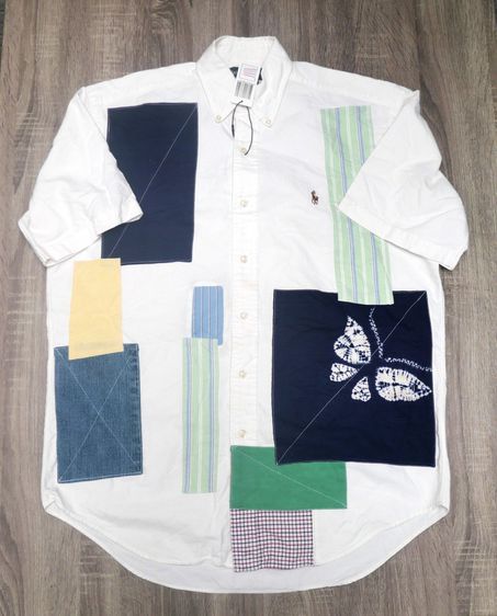 เสื้อเชิ้ต M ขาว แขนสั้น Polo Ralph Lauren Cotton Patchwork Oxford Shirt 