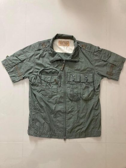เสื้อเชิ้ตทหารสีเขียวขี้ม้าแบรนดังทรงมันๆ Military Shirt Avirex Army Green Military Usa Size XL อก46นิ้ว ไหล่38นิ้ว