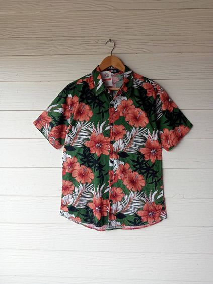 JOGAL  เสื้อฮาวายอเมริกาผ้าcottonผสมrayon สีเขียว ลายดอกไม้ รูปที่ 6