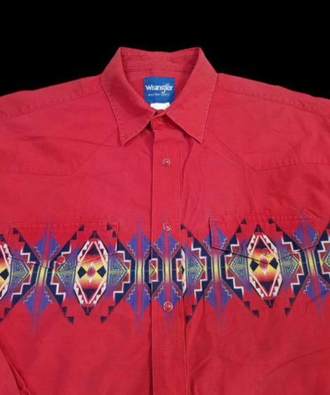 Vtg.Wrangler Red Western Aztec Cowboy Shirt รูปที่ 3
