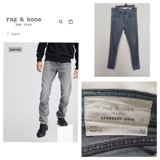 Rag and Bone New York Standard Issue Grey Color Jeans Size 33  Fit 2 Slim Leg