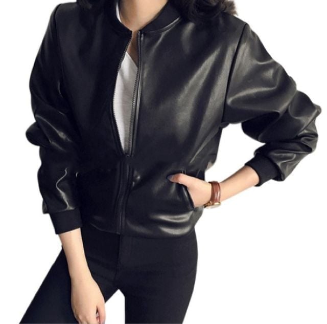 เสื้อแจ็คเก็ต | เสื้อคลุม ดำ แขนยาว เสื้อแจ็คเก็ตหนัง Pu แบบมีซิบสำหรับผู้หญิง ฟรีไซส์ อก 33-37" ไหล่ 14.9" แขน  22.8"