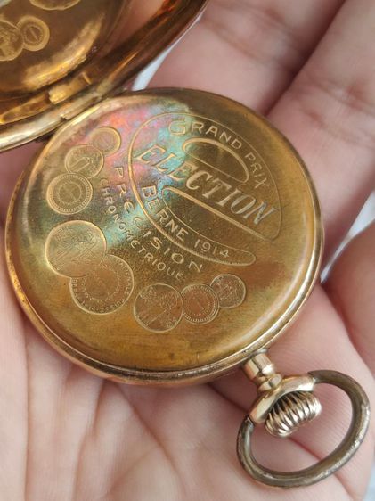 นาฬิกาพกโบราณทองคำแท้ ELECTION GRAND PRIX Pocket watch (BERNE 1914) 14k Solid Gold 2เข็มครึ่ง หลักอารบิก ผสมตัวหนังสือ KWEEGAYLIONG  รูปที่ 12