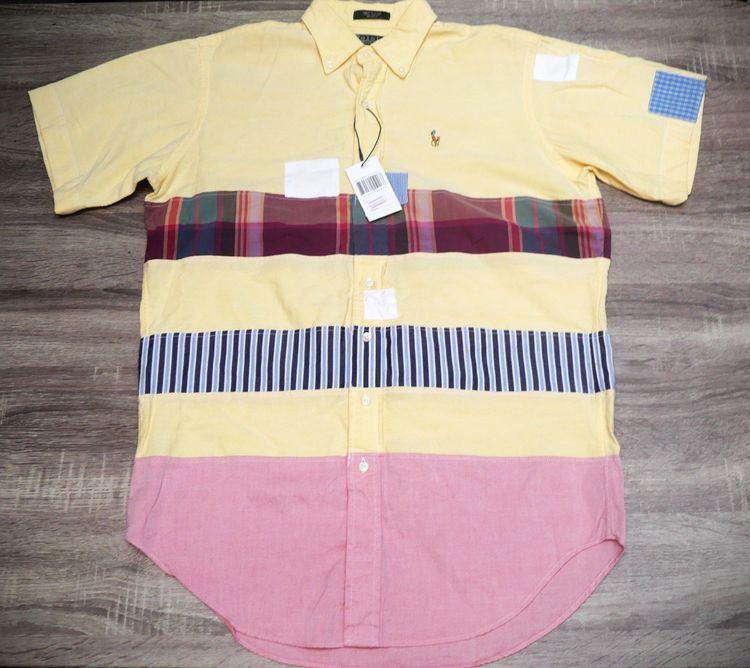 เสื้อเชิ้ต M เหลือง แขนสั้น Polo Ralph Lauren Cotton Patchwork Oxford Shirt 
