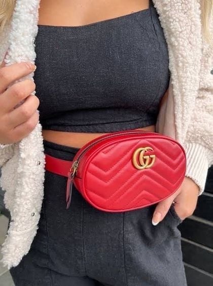 หนังแท้ หญิง แดง กระเป๋าคาดอกGucci marmont belt bag 