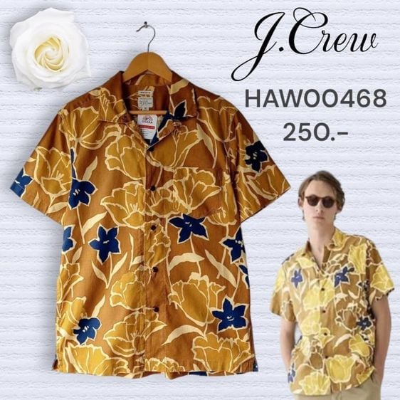 J.Crew เสื้อฮาวายอเมริกาผ้าcottonผสมเส้นใจกัญชง สีน้ำตาล ลายดอกไม้สีครีมและกรม