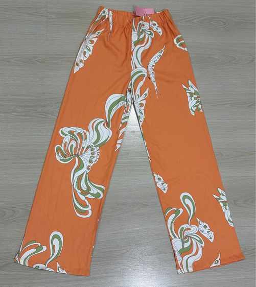 กางเกงขายาวสีส้ม ป้ายห้อย T shop ผ้าไหมอิตาลี เอวสม็อค เอว 24-32 สะโพก 42 ยาว 41 นิ้ว 