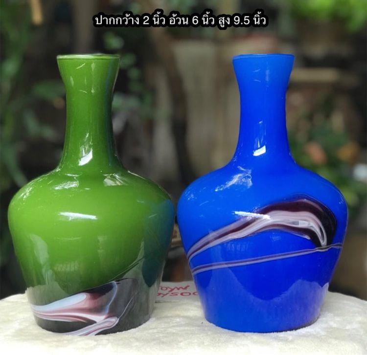 ของตกแต่งบ้านอื่นๆ ราคต่อชิ้น Vintage Cobalt Blue Glass -Milky Green Bud Vases แจกันแก้วเป่าโบราณ ทรงคนโทน้ำ มีฟองอากาศจากการผลิตบ้าง
