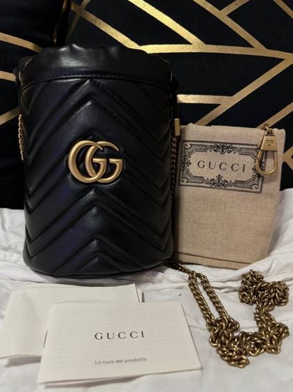 หนังแท้ หญิง ดำ Gucci GG Marmont Mini Bucket Bag 