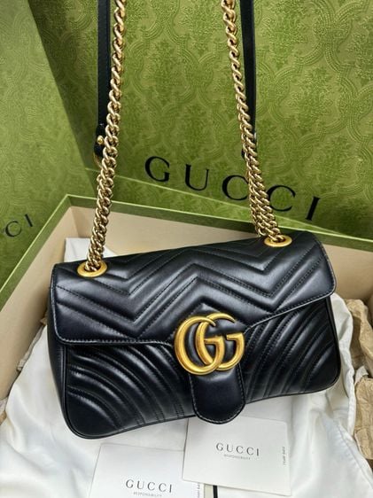 หนังแท้ หญิง ดำ กระเป๋าแบรนด์ Gucci marmont 26 cm 