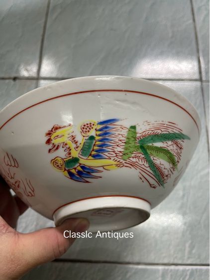 ชาม กังไสเขียนสี มังกร นกฟีนิกซ์ ใบใหญ่เก่าสะสม รูปที่ 8