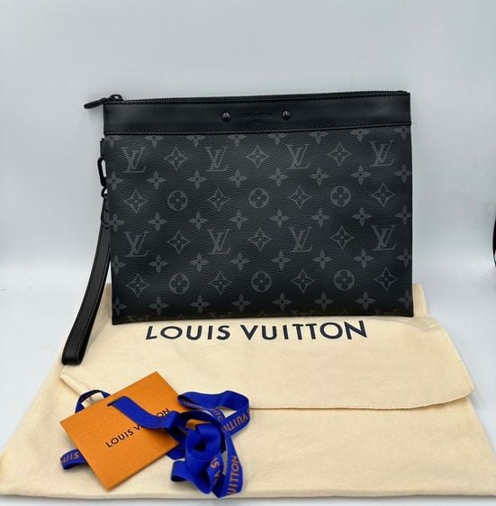 Louis Vuitton หนังแท้ ชาย ดำ Lv  clutch  pochette to go microchip มือสอง