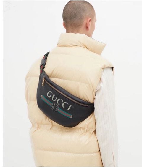 หนังแท้ ชาย กระเป๋าคาดอกGucci print leather belt bag สีดำ ไซส์ใหญ่