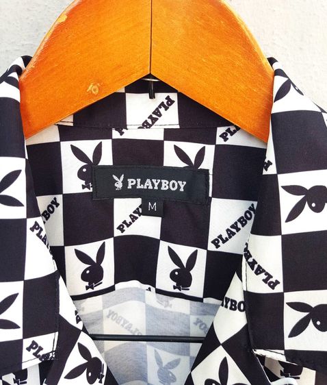 Vintage Playboy Button-Down Shirt Size Large Black White RARE  รูปที่ 6