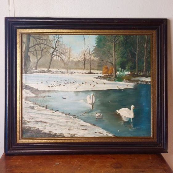 Original painting 1999 oil canvas winter Swans On  Pond S. L(ouis) Van Camp ภาพสีน้ำมันงานหงส์สีขาว บนผิวน้ำในบ่อน้ำเป็นงานเก่ายุโรปครับ 🦢 