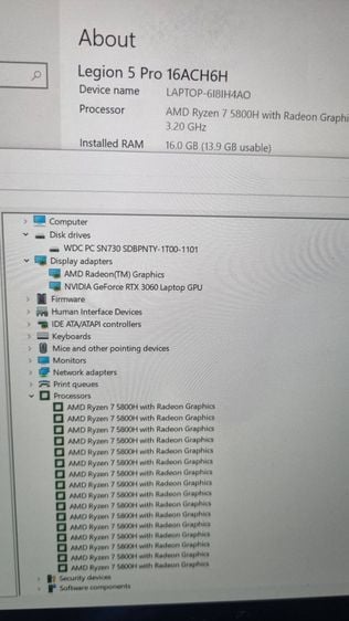 Lenovo Legion 5 Pro Ryzen 7 5800H จอ16นิ้ว   RAM16GB  SSD1TB การ์ดจอ RTX 3060 6GB มือ2 สภาพดี รูปที่ 6