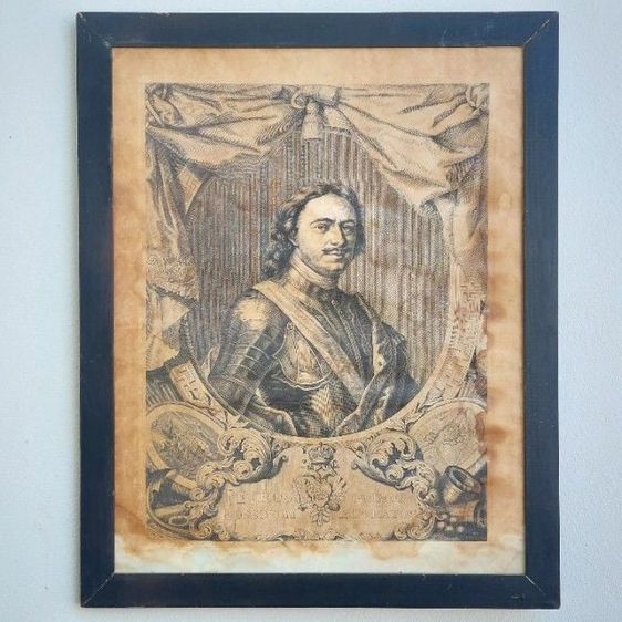 รูปภาพพิมพ์พร้อมกรอบไม้ งานวินเทจมีอายุหลายสิบปี จักรพรรดิปิออตร์ที่ 1 แห่งรัสเซีย ปฐมจักรพรรดิแห่งรัสเซีย (ค.ศ. 1672-1725) 🇷🇺✨️👑 รูปที่ 1