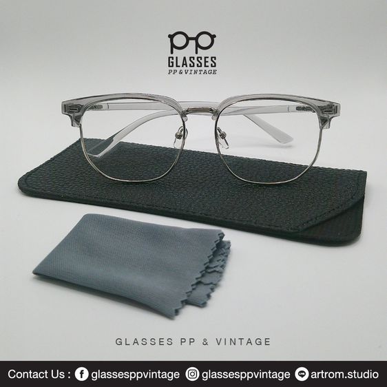 แว่นสายตา 250 บาทส่งฟรี (กรอบสีเทา) แว่นตากรองแสงสีฟ้า พร้อมอุปกรณ์ซองหนังเก็บแว่น ผ้าเช็คแว่น ครบชุด