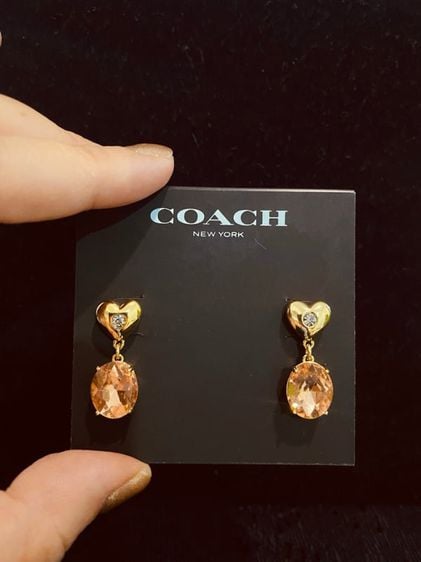 จิวเวอรี่ ต่างหู Coach Heart Stone Drop Earrings Gold and Pink with Cubic Zirconia 