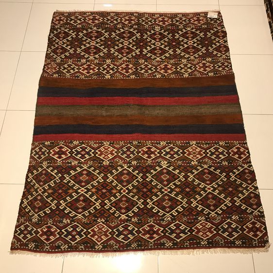 Vintage Handwoven Flatweave Turkish Kilim Rug with Embroidery (109 x 144 cm.) P1-25 รูปที่ 1