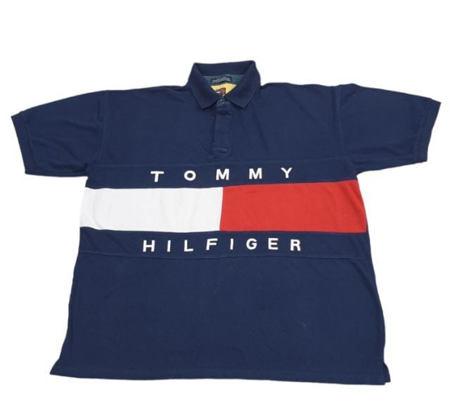 Tommy Hilfiger เสื้อโปโล อื่นๆ แขนสั้น Vintage 90's Tommy Hilfinger Big Flag Polo Blue Collared Shirt Mens Sz. XXL