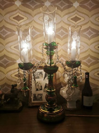 โคมไฟตั้งโต๊ะคริสตัลเช็คโกเก่า Vintage Czech bohemia crystal table lamp candelabra
