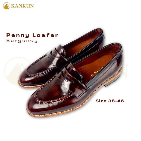 KANKUN Penny Loafer Burgundy รองเท้าคัทชู ผู้ชาย หนังแท้ เกรดพรีเมี่ยม เทคนิค Bush Off สีเบอกันดี โดยช่างฝีมือระดับมืออาชีพ งานสวยหรูหรา รูปที่ 1