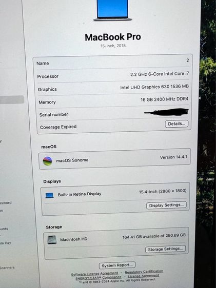 Apple Mackbook Pro 16 Inch อื่นๆ 16 กิกะไบต์ Ethernet LAN ใช่ Macbookpro2018 15.4inch