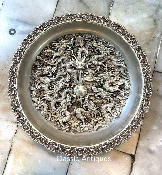 จาน มังกรเงิน เก้ามังกรกะไหล่เงิน สะสม