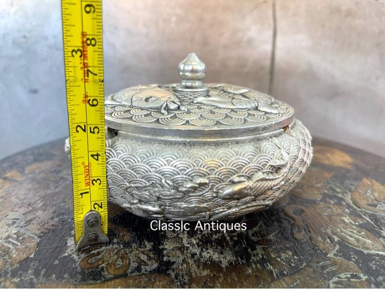 โถฝา กะไหล่เงิน ลายปลามงคล สะสมA16 รูปที่ 12